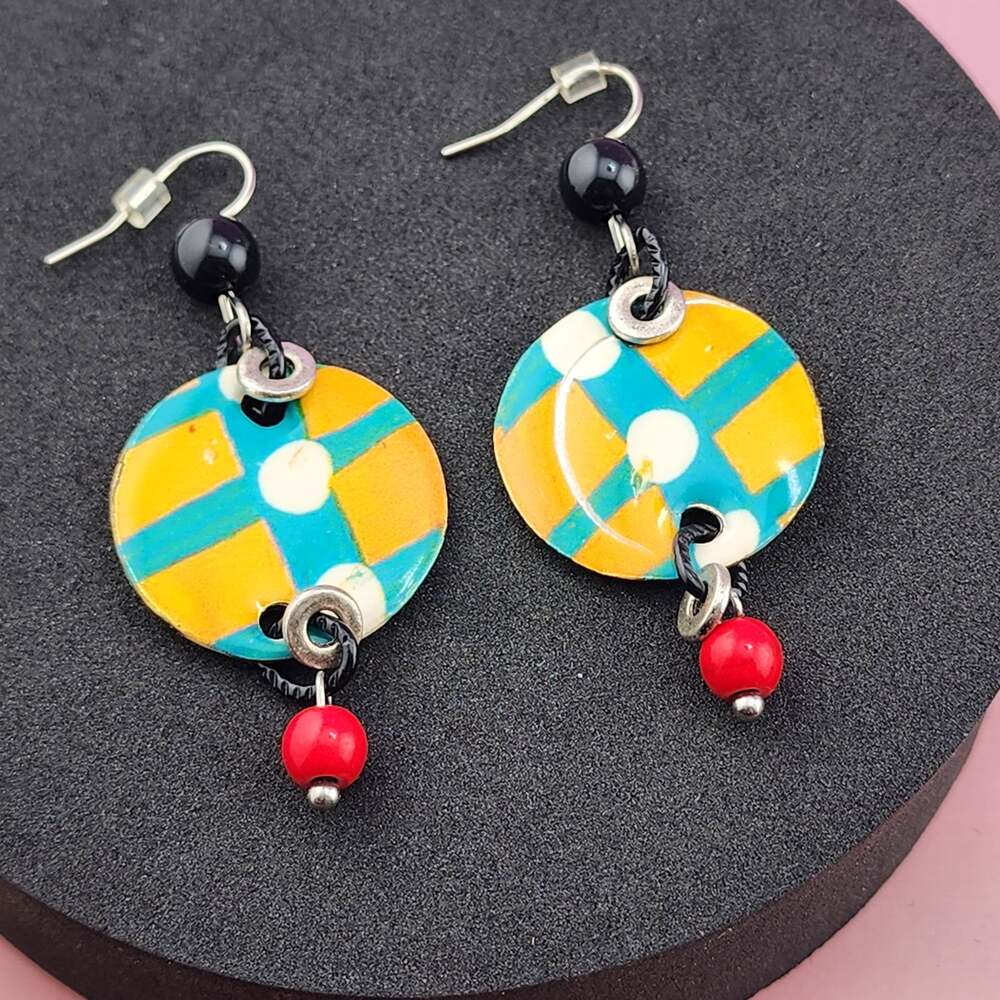 Yellow Teal White Geometric Round Disc Earrings Red Bead Drops Mod Statement